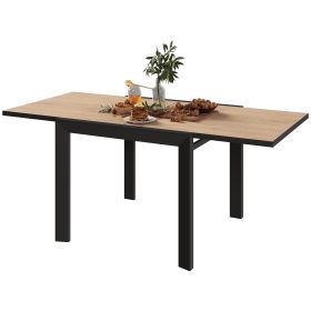 35.5"-71" Expandable Outdoor Dining Table for 4-6 Person, Aluminum Patio Table with Slatted Wood Grain Top, Natural