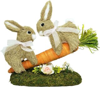 8.9 Inches Sisal Easter Bunny Decor on Carrot Seesaw, Natural Straw Easter Decorations Bunny Figurine on Moss Meadow as Spring Decor