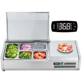 VEVOR Refrigerated Condiment Prep Station, 130 W Countertop Refrigerated Condiment Station, with 1 1/3 Pan & 4 1/6 Pans, 304 Stainless Body and P