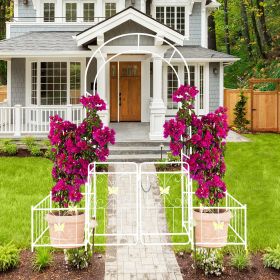 Metal Garden Arch with Gate 79.5'' Wide x 86.6'' High Climbing Plants Support Rose Arch Outdoor (Color: CREAM WHITE)